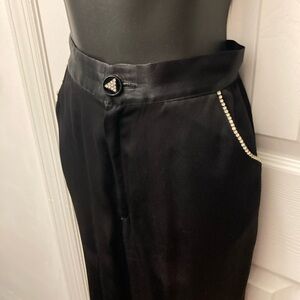 Vintage 1970s Black Satin Wide-Leg Pants with Rhinestone Trim